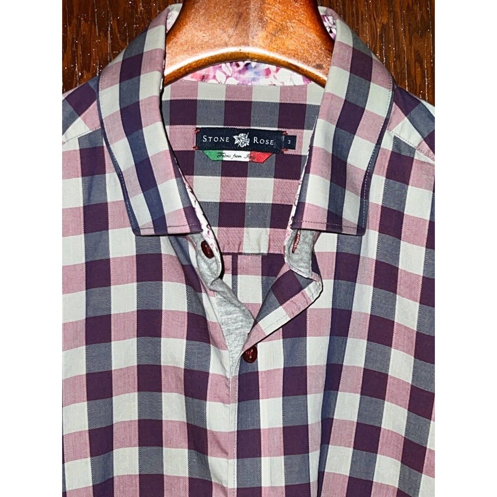 STONE ROSE SHIRT PLAID LONG SLEEVE ITALIAN COTTON PURPLE GRAY 3 / MEDIUM